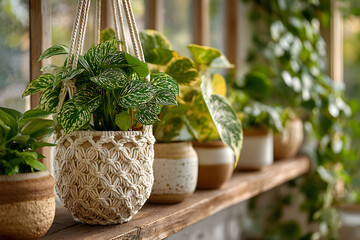 Beautiful potted houseplants hanging in macrame planter on white wall