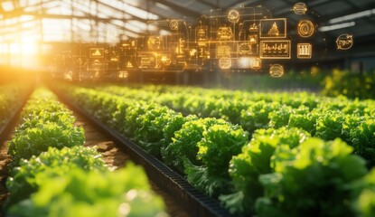 Smart farming greenhouse with holographic data display and rows of fresh lettuce plants