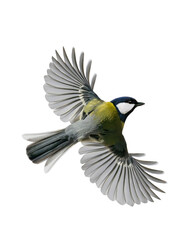 great tit in flight isolated on white background