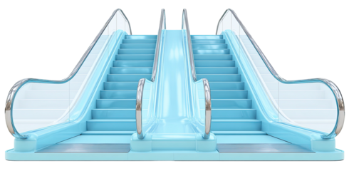 A digitally rendered escalator with a light blue color, featuring chrome handrails, and a black backdrop