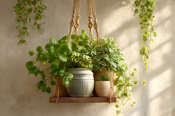 Beautiful potted houseplants hanging in macrame planter on white wall