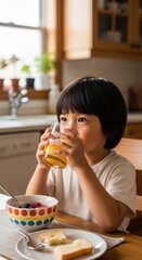 Morning breakfast scene with child enjoying orange juice and cereal in bright kitchen