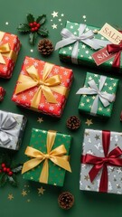 Green and silver christmas gift boxes with stars and snowflakes patterns