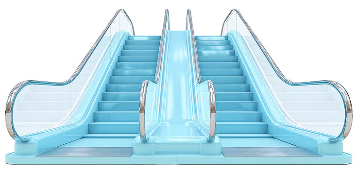 A digitally rendered escalator with a light blue color, featuring chrome handrails, and a black backdrop