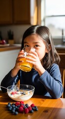 Child enjoying healthy breakfast with fruit and juice in sunlit kitchen