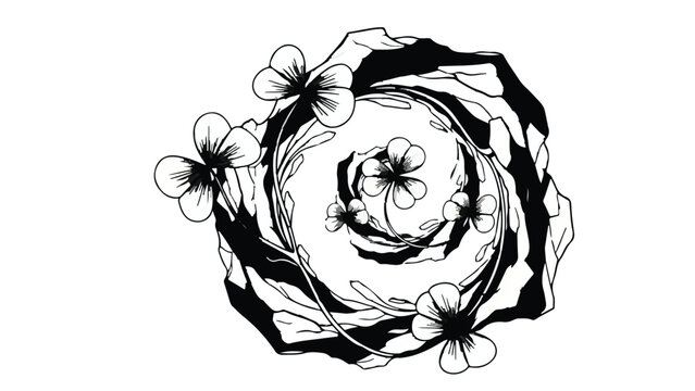 Whimsical black and white illustration of clover flowers swirling in a circular pattern