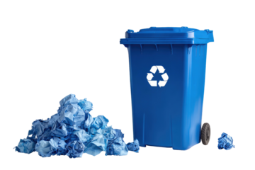 A blue recycling bin with the recycling symbol, next to a pile of crumpled blue paper