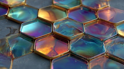 Close up macro of luxury gold, marble and holographic hexagon tiles background. 3D rendered geometric honeycomb pattern with iridescent texture and shallow depth of field.
