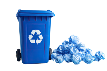 A blue recycling bin with a logo, surrounded by scattered crumpled paper