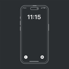 Minimal line outline smartphone mockup with empty lock screen on dark background. Modern mobile phone wireframe design for UI, UX, app presentation, interface showcase, technology concept, and digital