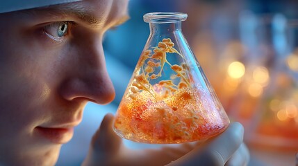 Scientist Examining DNA Sample in Lab Flask with Golden Light Microscopic View