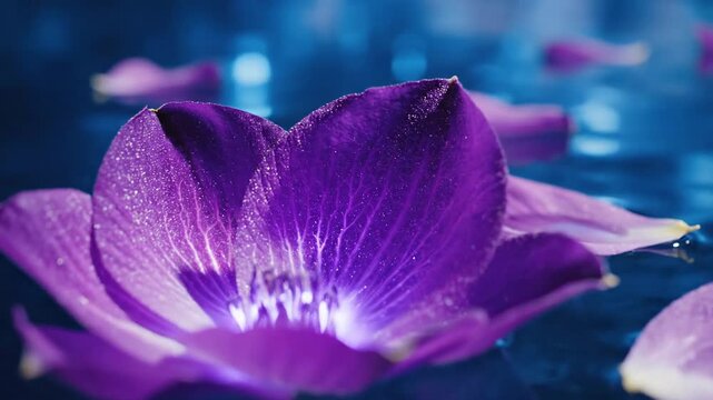 Vibrant Purple Flower Petals Gently Floating on Serene Water Surface