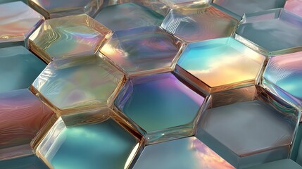 Close up macro of luxury gold, marble and holographic hexagon tiles background. 3D rendered geometric honeycomb pattern with iridescent texture and shallow depth of field.