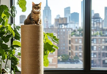 Curious Tabby Cat on Sisal Scratching Post by Window with City View and Green Plant