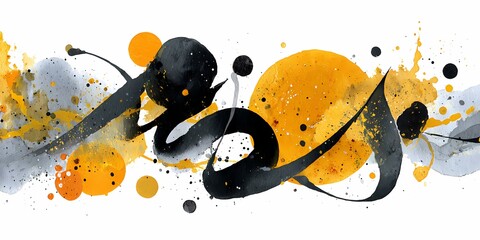A vibrant abstract painting featuring black swirls, orange, and gray splashes on a white background.