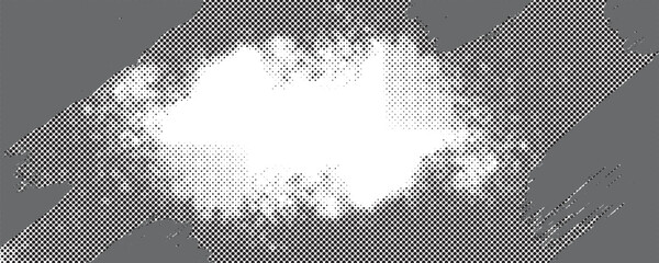 High-contrast black-and-white grunge background featuring dense halftone dots and rough paint brush strokes. The center area is left clean and bright, creating a natural focal space for text, logos, o
