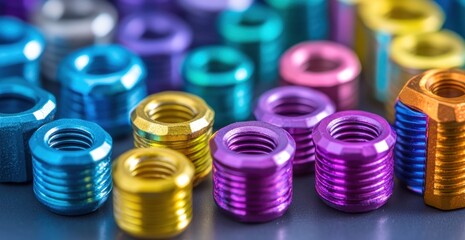 Vibrant colored threaded metal fasteners and hardware components, close-up studio shot showcasing precision and detail.