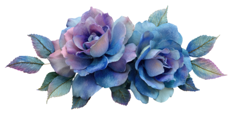 Watercolor illustration of two blooming roses with leaves, blending hues of blue and purple
