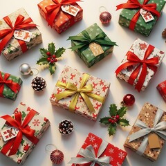 Christmas presents with holly and pinecones viewed from above