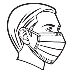 A woman's profile facing right. She has short hair pulled back, a visible ear, and is wearing a pleated surgical face mask that covers her nose and mouth. The style is simple and illustrative.