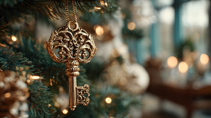 Gold key decoration hanging on a Christmas tree branch with lights