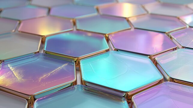Close up macro of luxury gold, marble and holographic hexagon tiles background. 3D rendered geometric honeycomb pattern with iridescent texture and shallow depth of field. - Powered by Adobe