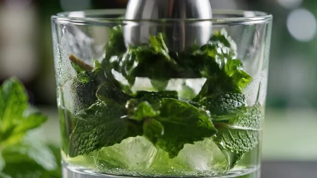 Fresh mint leaves being muddled with ice in a cocktail glass for a refreshing beverage.