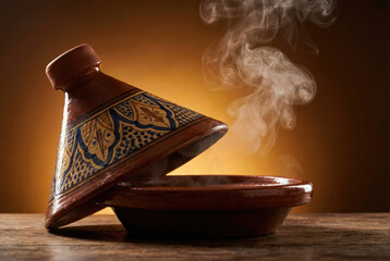 Tajine marroqu&iacute; tradicional de cer&aacute;mica con vapor ascendente