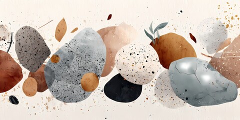 A modern abstract composition featuring various textured stones and earthy colors, creating an artistic arrangement with organic shapes.