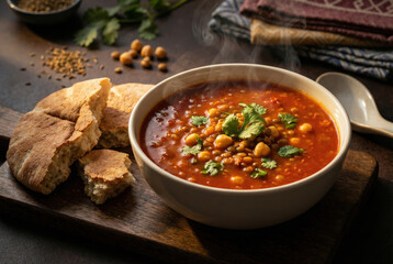 Harira marroqu&iacute; caliente con pan tradicional sobre mesa r&uacute;stica