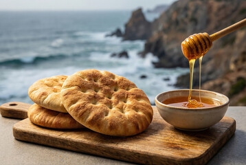 Pan tradicional marroqu&iacute; con miel sobre tabla frente al mar