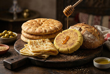 Selecci&oacute;n de panes marroqu&iacute;es tradicionales con miel, aceite de oliva y aceitunas