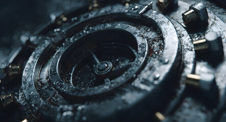 Dramatic close up of a massive heavy duty bank vault door lock mechanism