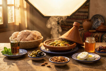 Desayuno marroqu&iacute; tradicional con tajine caliente, pan, t&eacute; y acompa&ntilde;amientos