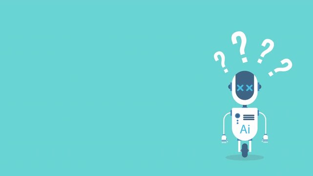 Frustrated robot cyborg with question mark help support service faq problem artificial intelligence technology concept