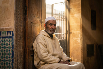 Retrato de anciano marroqu&iacute; con chilaba sentado junto a una puerta tradicional