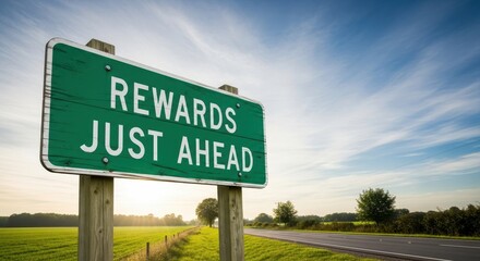 Green road sign indicating rewards ahead along a scenic country road at sunset