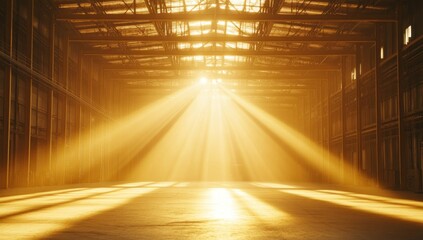 Vast Empty Industrial Warehouse Interior with Golden Sunlight Beams and Floor Shadows