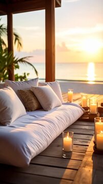 Tranquil beachside daybed with white cushions and burning candles at sunset near palm trees overlooking a calm ocean scene in a tropical resort