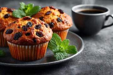 Tasty muffins with raisins, mint and coffee on grey table, flay lay