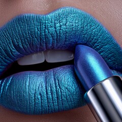 Metallic Blue Lipstick Close-Up Beauty Shot.Macro beauty photo showing shiny metallic blue lips with matching lipstick, high-detail texture and rich teal and violet hues.