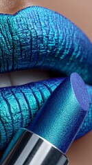 Metallic Blue Lipstick Close-Up Beauty Shot.Macro beauty photo showing shiny metallic blue lips with matching lipstick, high-detail texture and rich teal and violet hues.