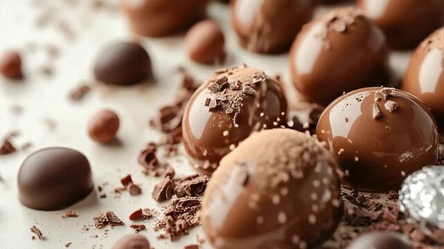 Gourmet chocolate pralines are sprinkled with fine shavings in a cinematic slow motion. A moment of pure decadence and handmade luxury. Ideal for chocolatier commercials or dessert branding