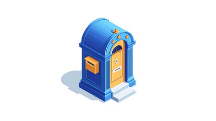 Isometric illustration of a quaint blue and gold doorway with mailbox and steps