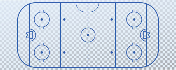 Top view ice hockey rink markings with accurate lines and proportions on transparent background. Clean sports layout for diagrams, infographics, coaching, broadcasts, and tactical analysis design.
