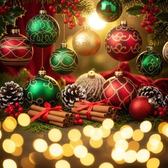 christmas ornaments and pine cones on a festive green and red background