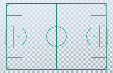 Top view soccer field markings with accurate lines and proportions on transparent background. Clean sports layout suitable for diagrams, infographics, apps, broadcasts, and football analysis design.