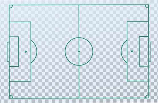 Top view soccer field markings with accurate lines and proportions on transparent background. Clean sports layout suitable for diagrams, infographics, apps, broadcasts, and football analysis design.