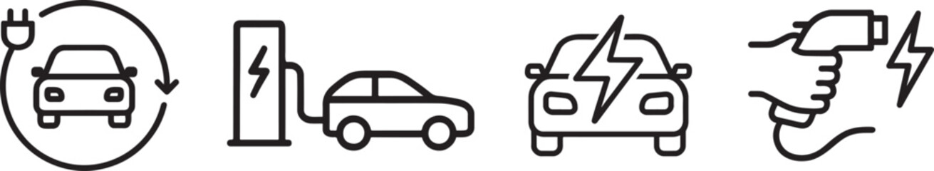 Electric car and EV charge station silhouette icon set for eco transport and energy.