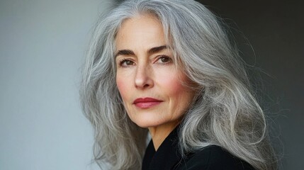 Fototapeta premium Elegant Woman with Long Silver Hair Posing for Portrait Photography